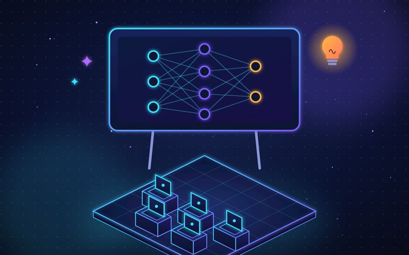 Illustration of a workshop screen showing a simple neural network diagram above rows of desks with laptops and a glowing lightbulb