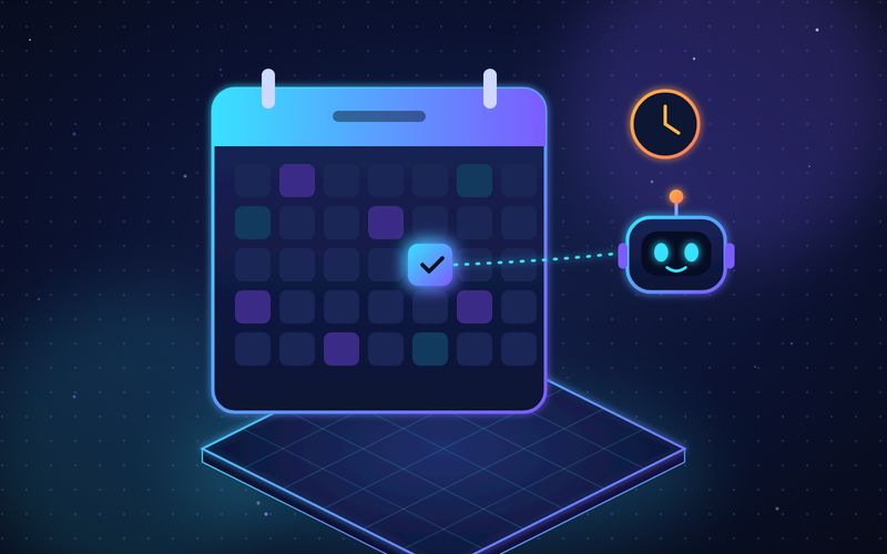 Illustration of a calendar with one glowing booked time slot and a small friendly robot assistant
