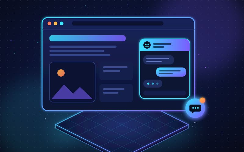 Illustration of a website in a browser window with a friendly chat widget in the corner