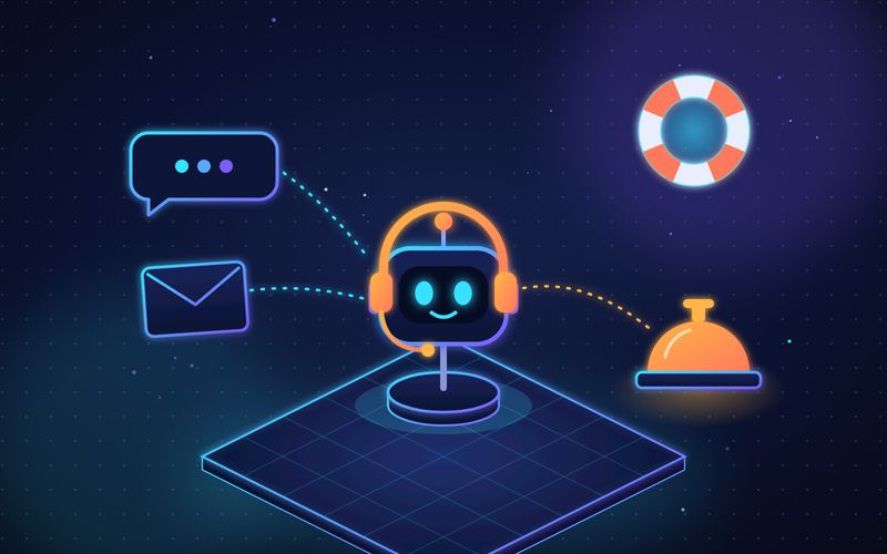 Illustration of a friendly robot wearing a headset taking chat and email questions, with a life ring and a service bell for handing off to a person