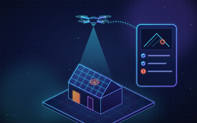 Illustration of a drone scanning a house roof with a grid overlay and a marked spot, beside a report card with a roof photo and checklist