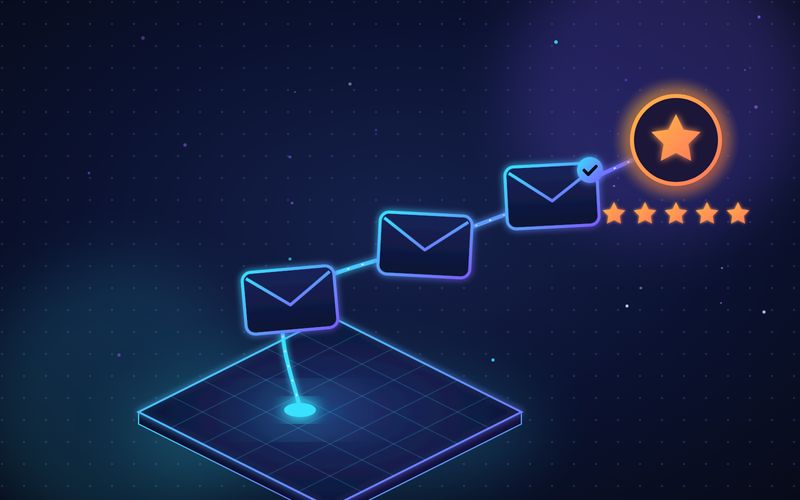 Illustration of envelopes moving along a follow-up timeline toward a glowing five-star review badge