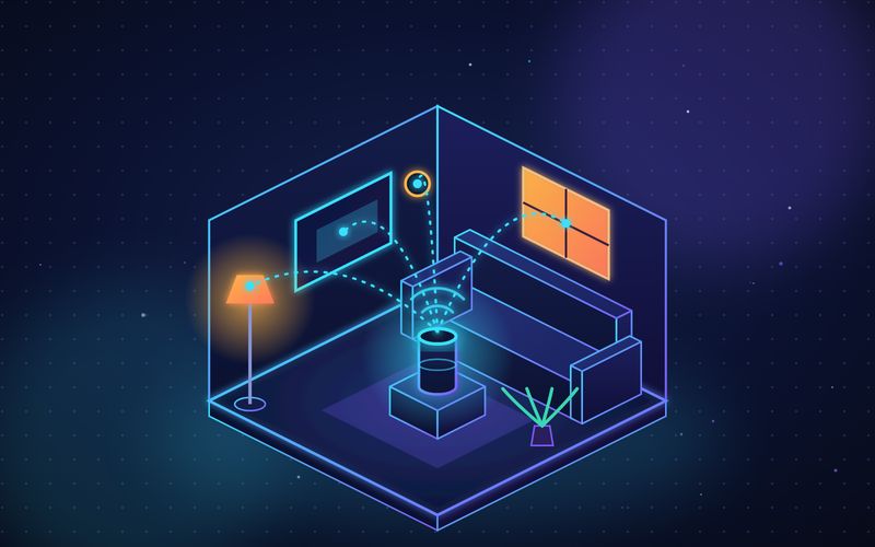 Illustration of a cozy smart living room where a glowing smart speaker hub connects the lamp, TV, window, and thermostat