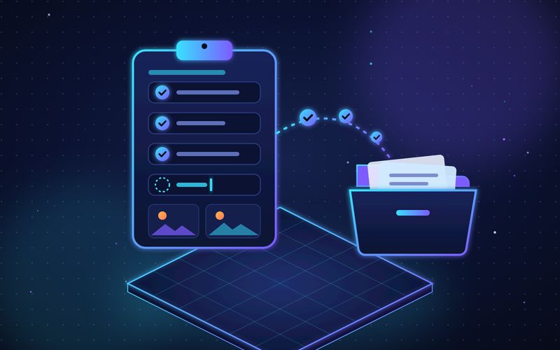 Illustration of a clipboard form filling itself in, with glowing checkmarks flowing into a folder