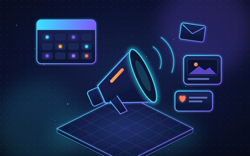 Illustration of a glowing megaphone surrounded by a content calendar, an email, an ad image, and a social post