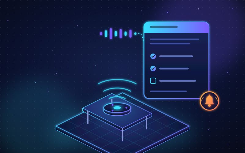 Illustration of a conference speakerphone on a table sending sound waves into a notes card with checked action items and a reminder bell