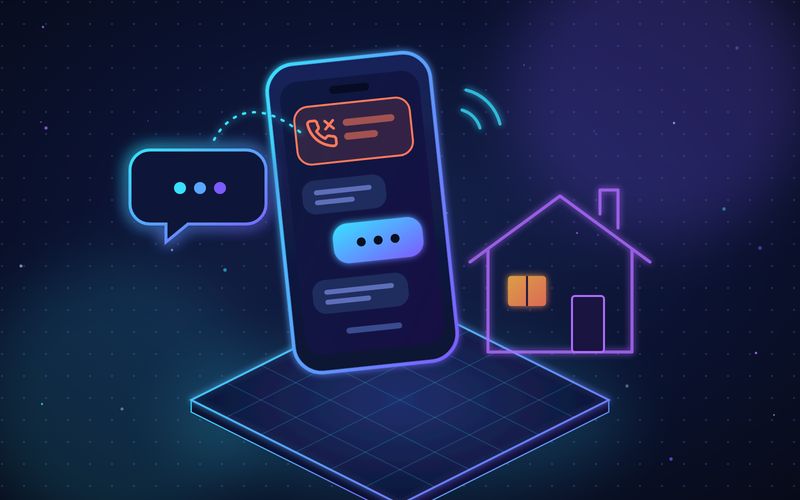 Illustration of a smartphone showing a missed call, with a chat bubble automatically texting the caller back