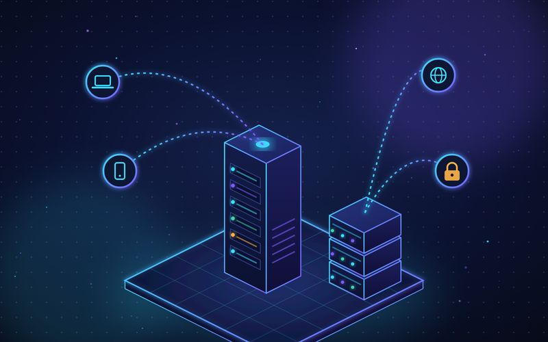 Illustration of a compact home server tower networked to a laptop and phone