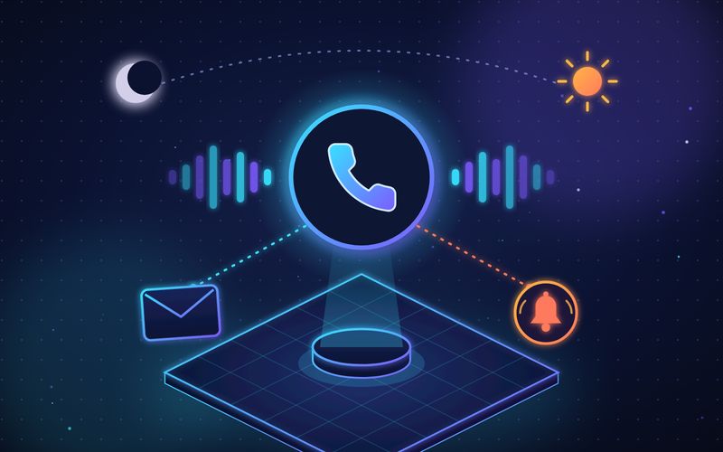 Illustration of a glowing phone call badge with voice waveforms, a moon and sun for around-the-clock answering, routing calls to a message or an urgent alert