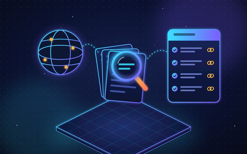 Illustration of a wireframe globe and stacked documents under a magnifying glass, flowing into a summary card with linked sources