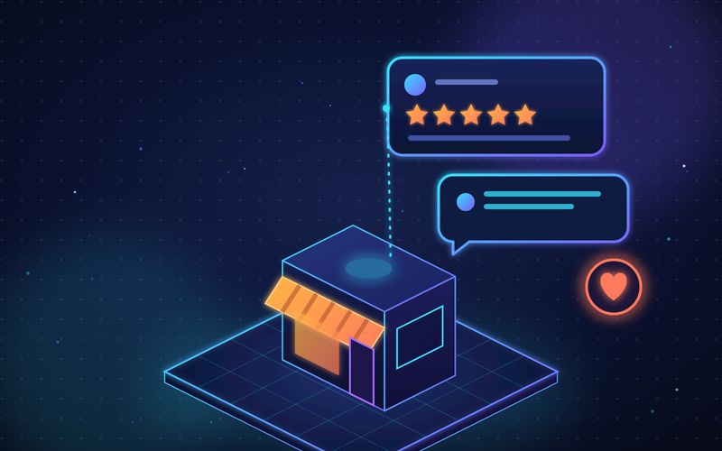 Illustration of a small storefront with a five-star review card and a drafted reply bubble floating above it