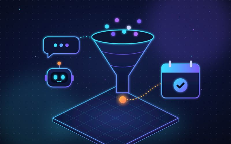 Illustration of a chat bubble and a friendly robot guiding glowing leads through a funnel into a booked calendar slot