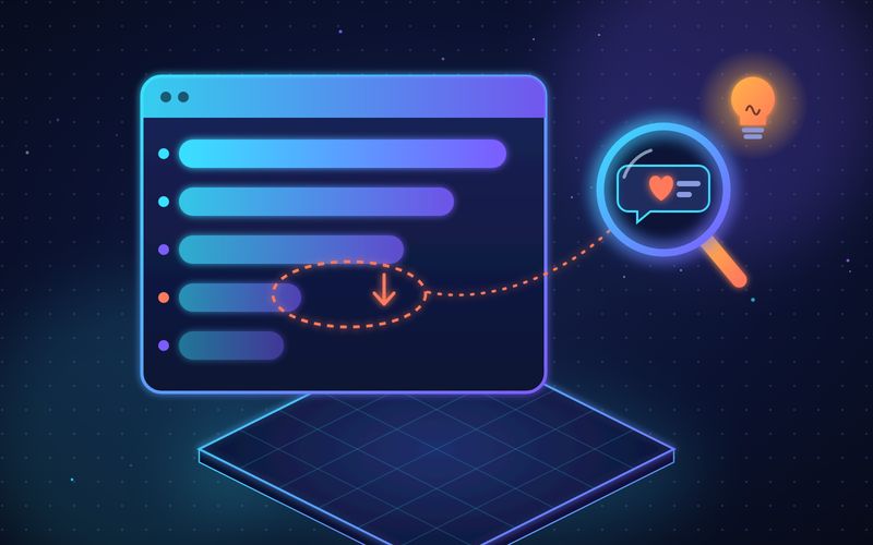 Illustration of a sales pipeline dashboard with a highlighted drop-off point and a magnifying glass examining a customer conversation