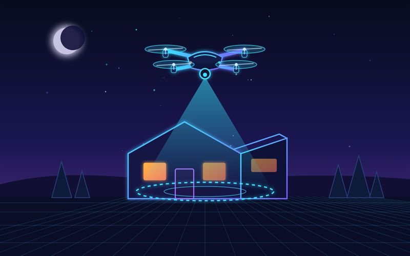 Illustration of a quadcopter drone hovering over a house at dusk