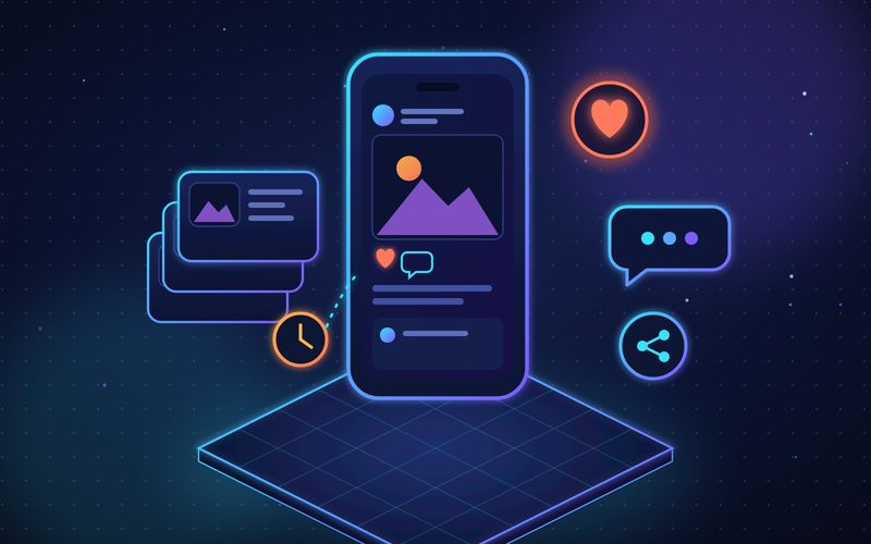 Illustration of a smartphone social feed with heart, comment, and share icons beside a queue of scheduled posts and a clock