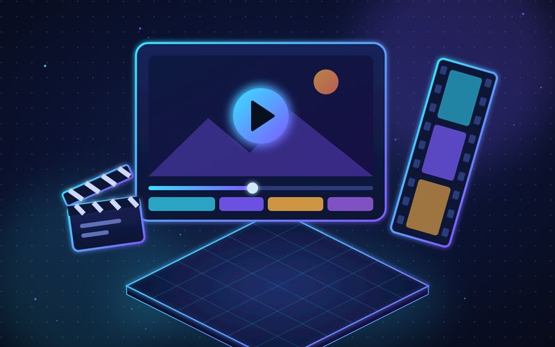 Illustration of a video player with a play button and timeline clips, a film strip, and a clapperboard