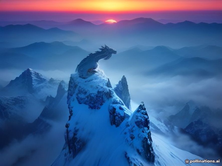 Fantasy illustration of a dragon on a snowy mountain peak at sunrise, made with MIM